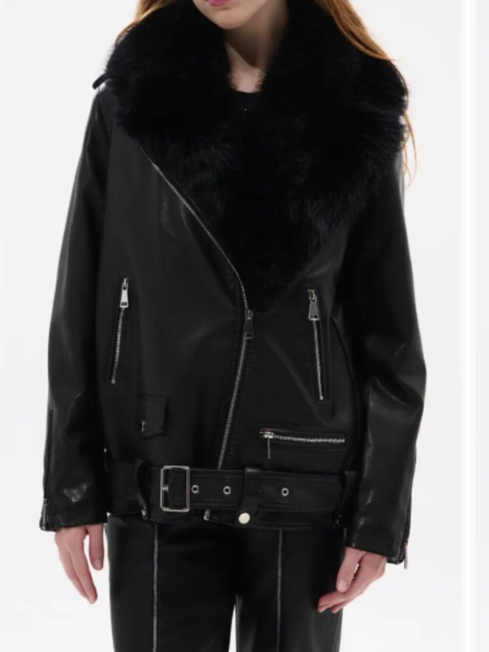 Black Faux Leather Biker Jacket with Plush Fur Collar